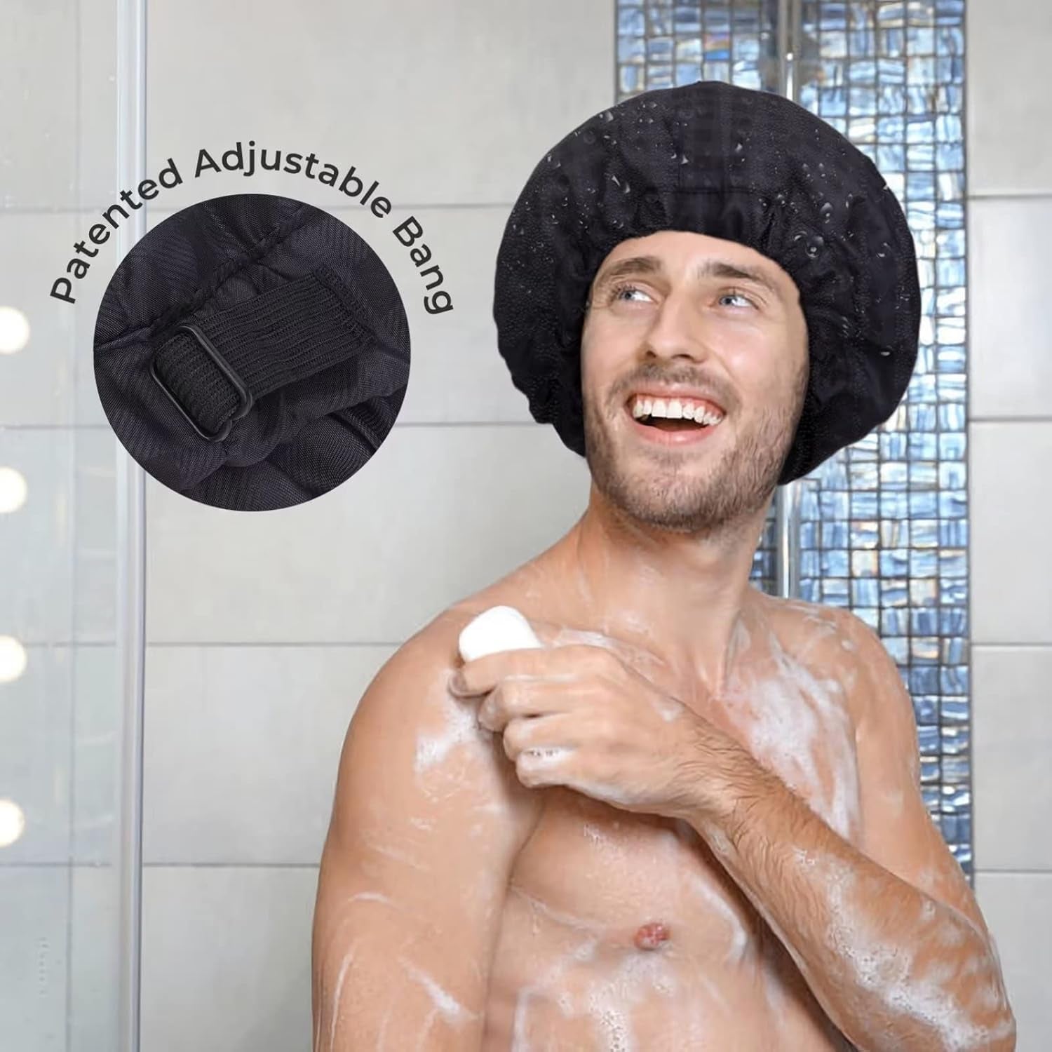 Shower Cap for Men Black Bath Cap, Reversible Large Waterproof Adjustable Shower Caps Terry Lining & Elastic Band Stretch Hem Hair Hat