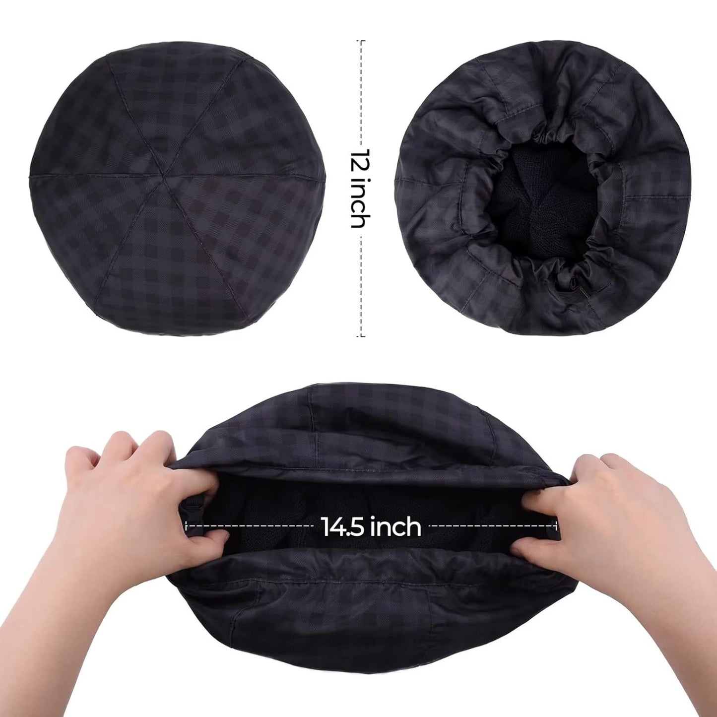 Shower Cap for Men Black Bath Cap, Reversible Large Waterproof Adjustable Shower Caps Terry Lining & Elastic Band Stretch Hem Hair Hat