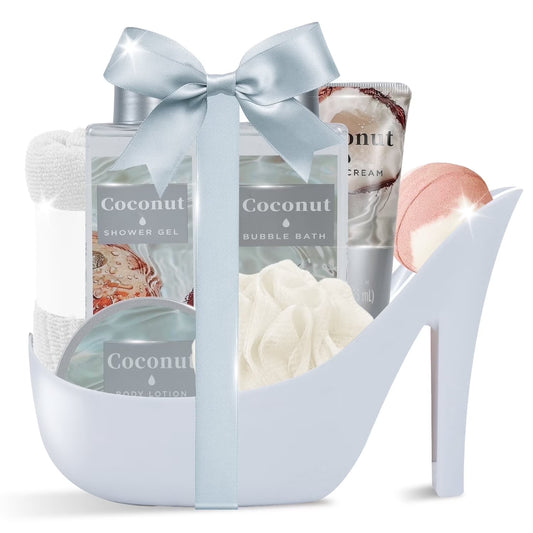 Elegant Gift Baskets for Women, 8Pcs Coconut Luxury Birthday Mothers Day Gift Sets for Mom, Bath and Body Self Care Kits