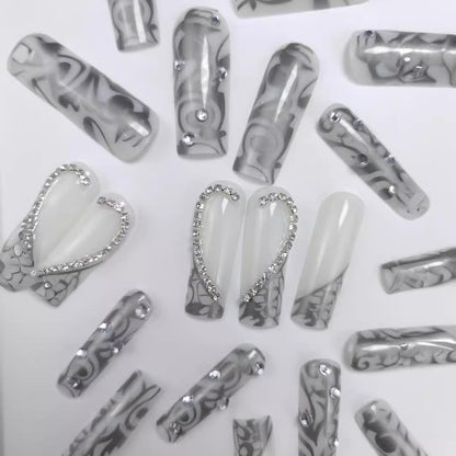 Long Press on Nails Square - Silver French Tip Fake Nails with Heart Design - Rhinestone, Elegant Full Cover Stick on False Nails - for Women 24 Pcs