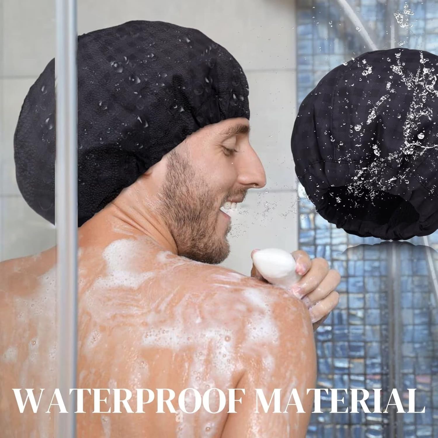 Shower Cap for Men Black Bath Cap, Reversible Large Waterproof Adjustable Shower Caps Terry Lining & Elastic Band Stretch Hem Hair Hat