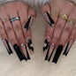 Press on Nails - Long Square Glue on Nails with Black French Tip, Acrylic Flower Rhinestone Design 24 Pcs