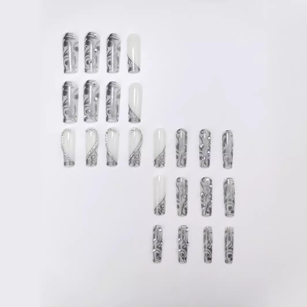 Long Press on Nails Square - Silver French Tip Fake Nails with Heart Design - Rhinestone, Elegant Full Cover Stick on False Nails - for Women 24 Pcs