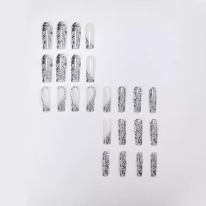 Long Press on Nails Square - Silver French Tip Fake Nails with Heart Design - Rhinestone, Elegant Full Cover Stick on False Nails - for Women 24 Pcs