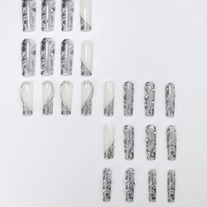 Long Press on Nails Square - Silver French Tip Fake Nails with Heart Design - Rhinestone, Elegant Full Cover Stick on False Nails - for Women 24 Pcs